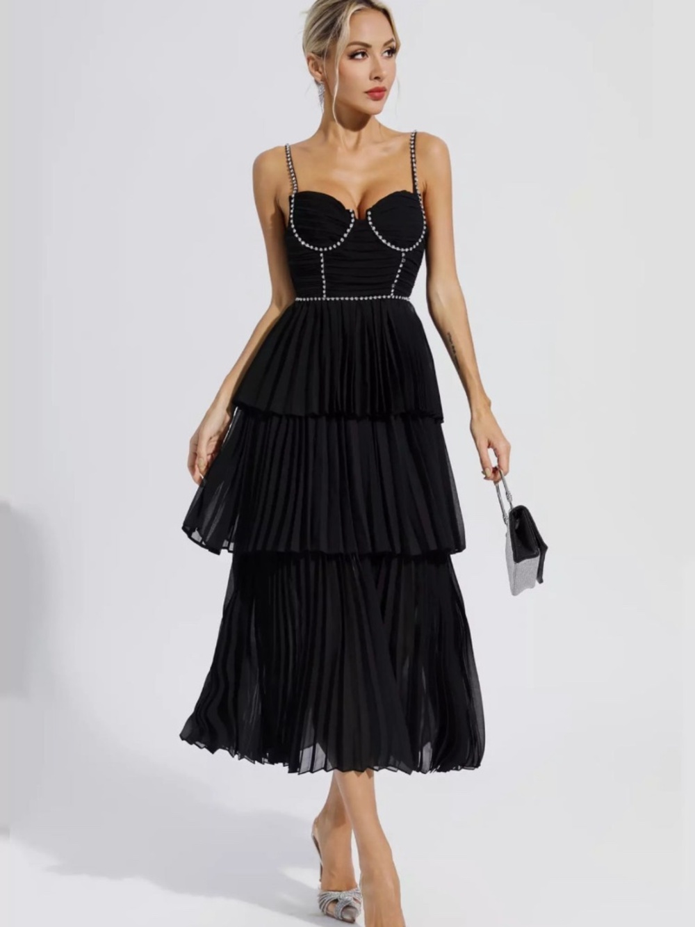 Meredith Black Diamond Ruched Midi Dress